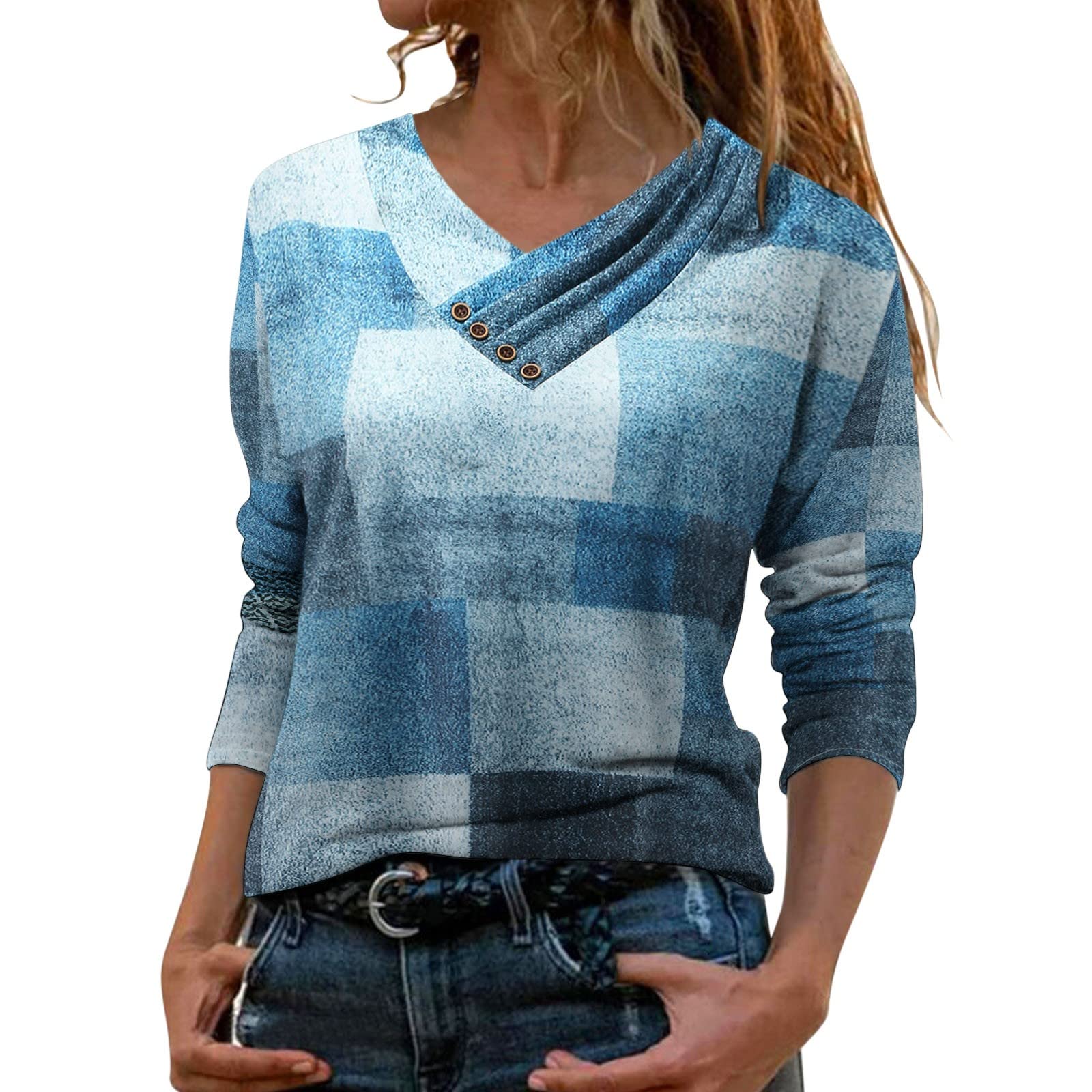 Women's Printed Casual V-Neck Button Down Shirt - Elegant Loose Fit Long Sleeve Tops for Women | Perfect for Office Wear, Date Night & Everyday Outfits