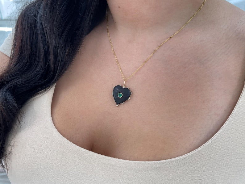 0.84tcw 14K Gold Natural Pear Cut Emerald Heart Shaped Ebony Wood Stacking Pendant - Perfect for Layering Necklaces, Gift for Her, Valentine's Day & Anniversary Jewelry