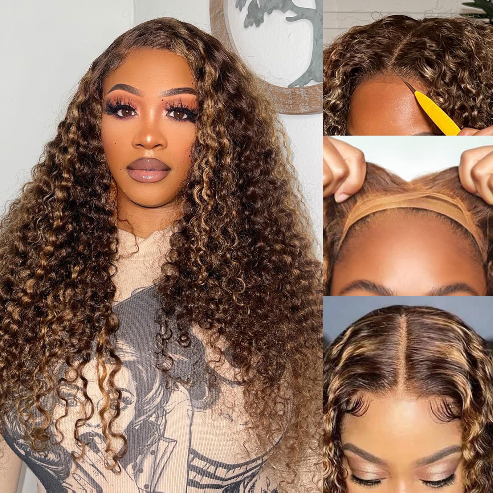 30 Inch Glueless Curly Human Hair Wigs for Women - Pre Plucked 180 Density 5x5 HD Lace Closure Wig with Highlight Ombre, No Glue Wear & Go Lace Front Wig | Perfect for Daily Wear, Parties, Cosplay & Protective Hairstyles