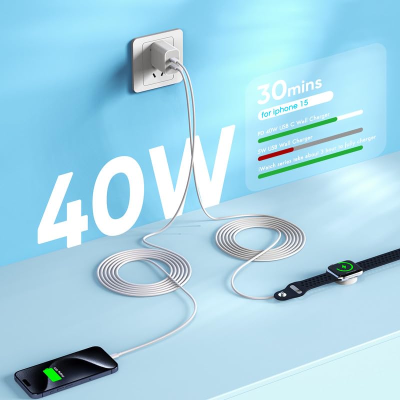 Apple MFi Certified Fast Dual USB C Charger - Super Fast Charging for iPhone 16/15 & Apple Watch 10/9/Ultra/8/7/SE/6/5 - Includes 6FT USB-C to C & iWatch Cable - Perfect for Travel, Office & Home Charging