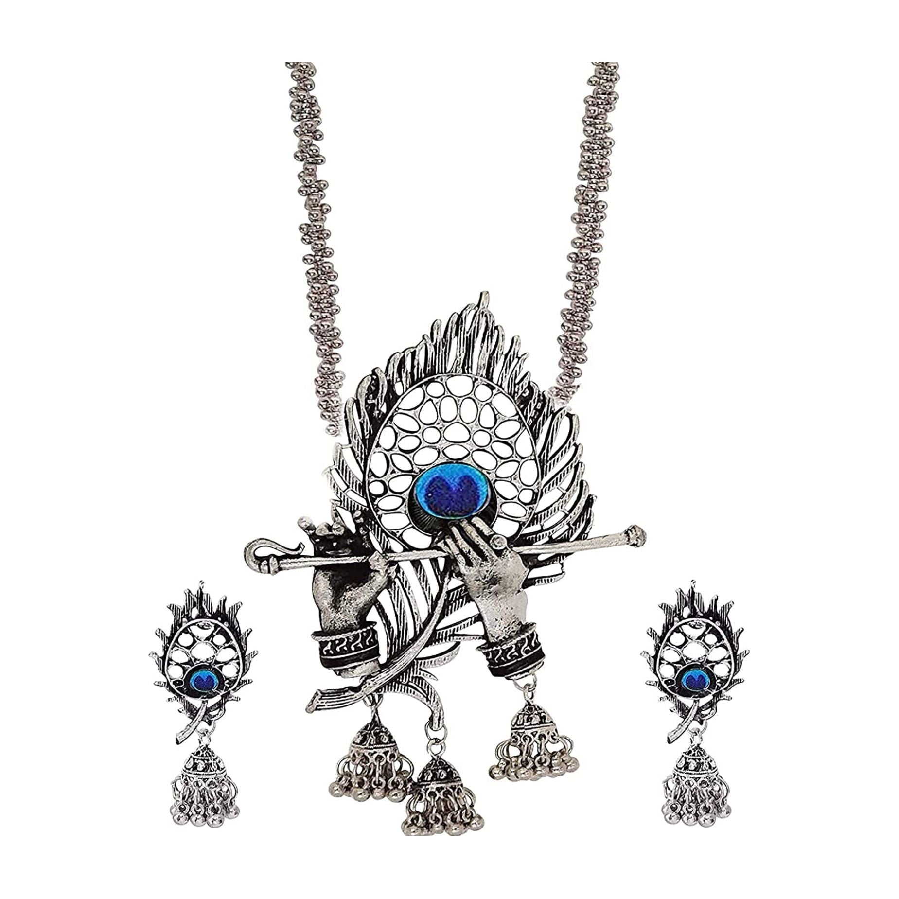 Oxidized Sterling Silver Krishna Flute Pendant Necklace Set for Women | Spiritual Jewelry Gift for Devotees | Perfect for Festivals, Weddings & Meditation