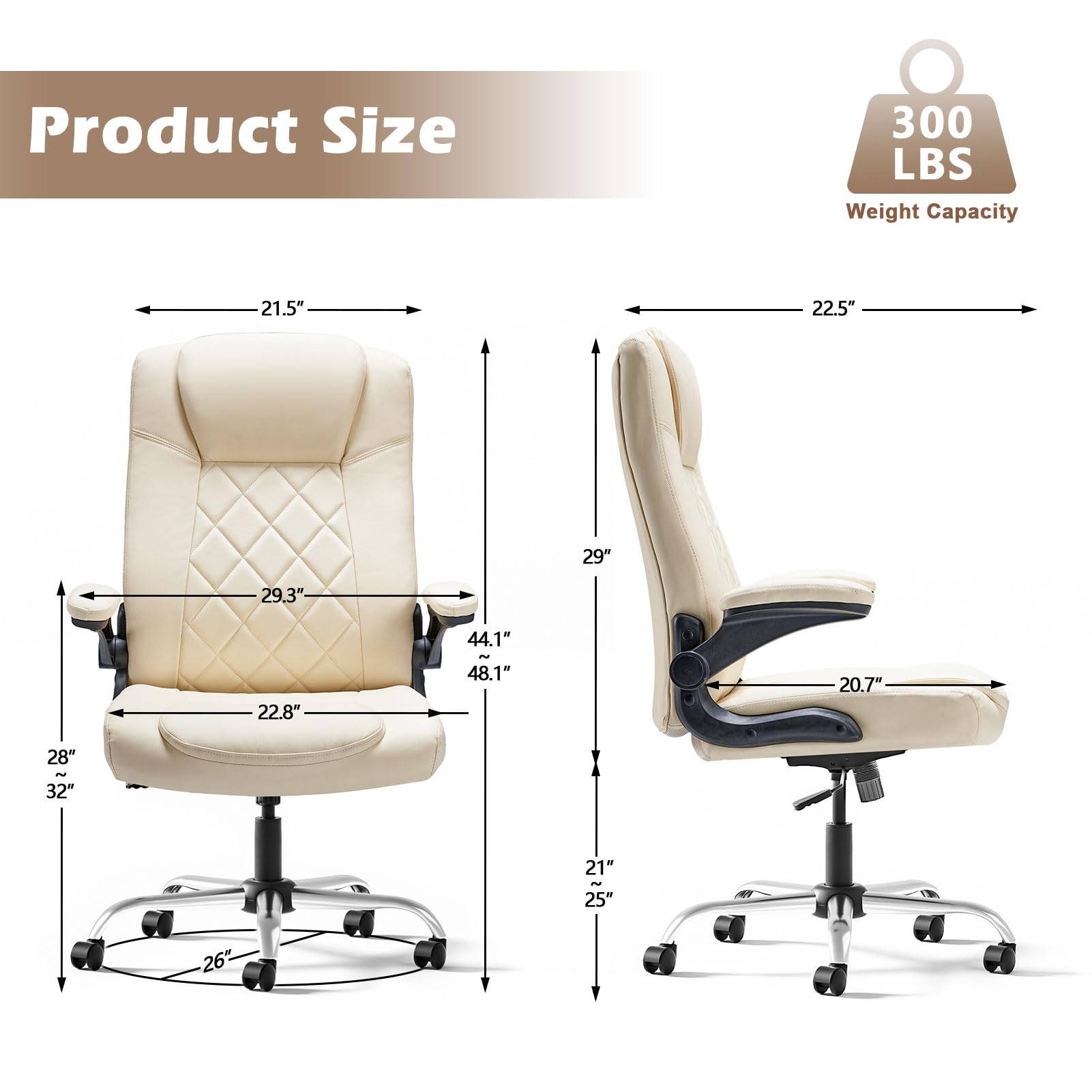 Premium Ergonomic Executive Office Chair with Flip-Up Arms, Adjustable Height & Lumbar Support - PU Leather Swivel Computer Desk Chair with Smooth-Rolling Wheels & Rocking Function (White) - Perfect for Home Office, Gaming Setup & Conference Rooms