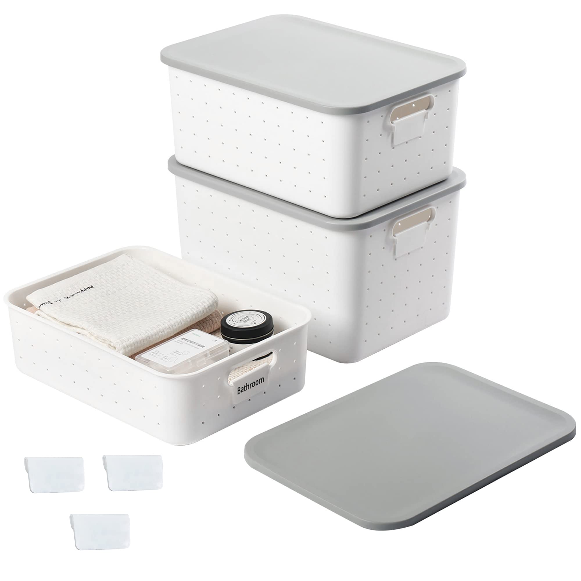 Durable Plastic Storage Baskets with Lid - Stackable Organizer for Closet & Office (14x10x8in, White)