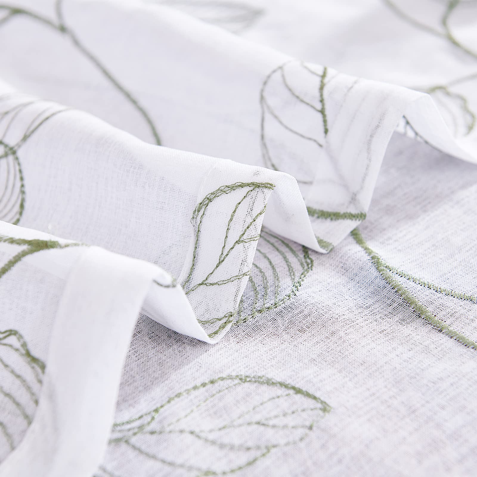 White Sage Green Leaf Embroidered Semi-Sheer Cafe Curtains - 45 Inch Rod Pocket, 2 Panels for RV, Camper & Half Windows | Boho Kitchen, Living Room & Bedroom Decor