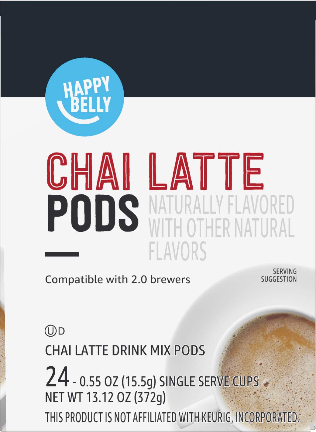 Happy Belly Chai Latte Tea Pods - 24 Count, Compatible with Keurig 2.0 K-Cup Brewers | Single Pack | Perfect for Morning Energy & Afternoon Relaxation at Home or Office