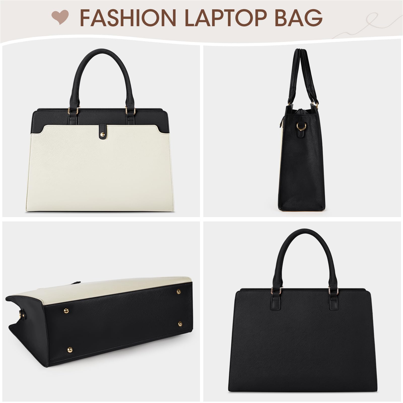15.6 Inch Laptop Tote Bag for Women - Waterproof Leather Briefcase with Large Capacity, Professional Business Office Travel Handbag, Shoulder Bag in Beige and Black for Work, Commute, and Daily Use