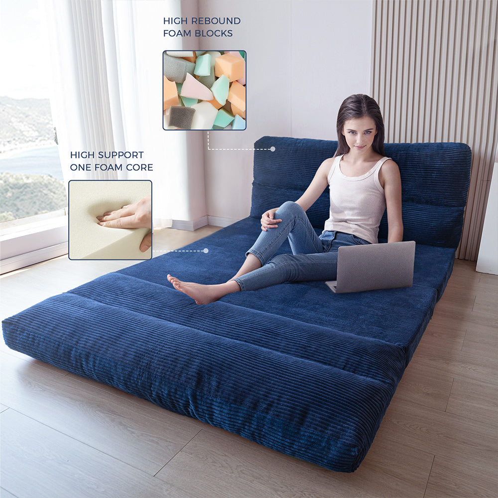 MAXYOYO Folding Sofa Bed - Extra Wide Corduroy Floor Mattress in Navy Blue | Convertible Sleeper for Small Spaces, Guest Room & Dorm | Comfortable Lounge Sofa for Living Room, Bedroom & Apartment