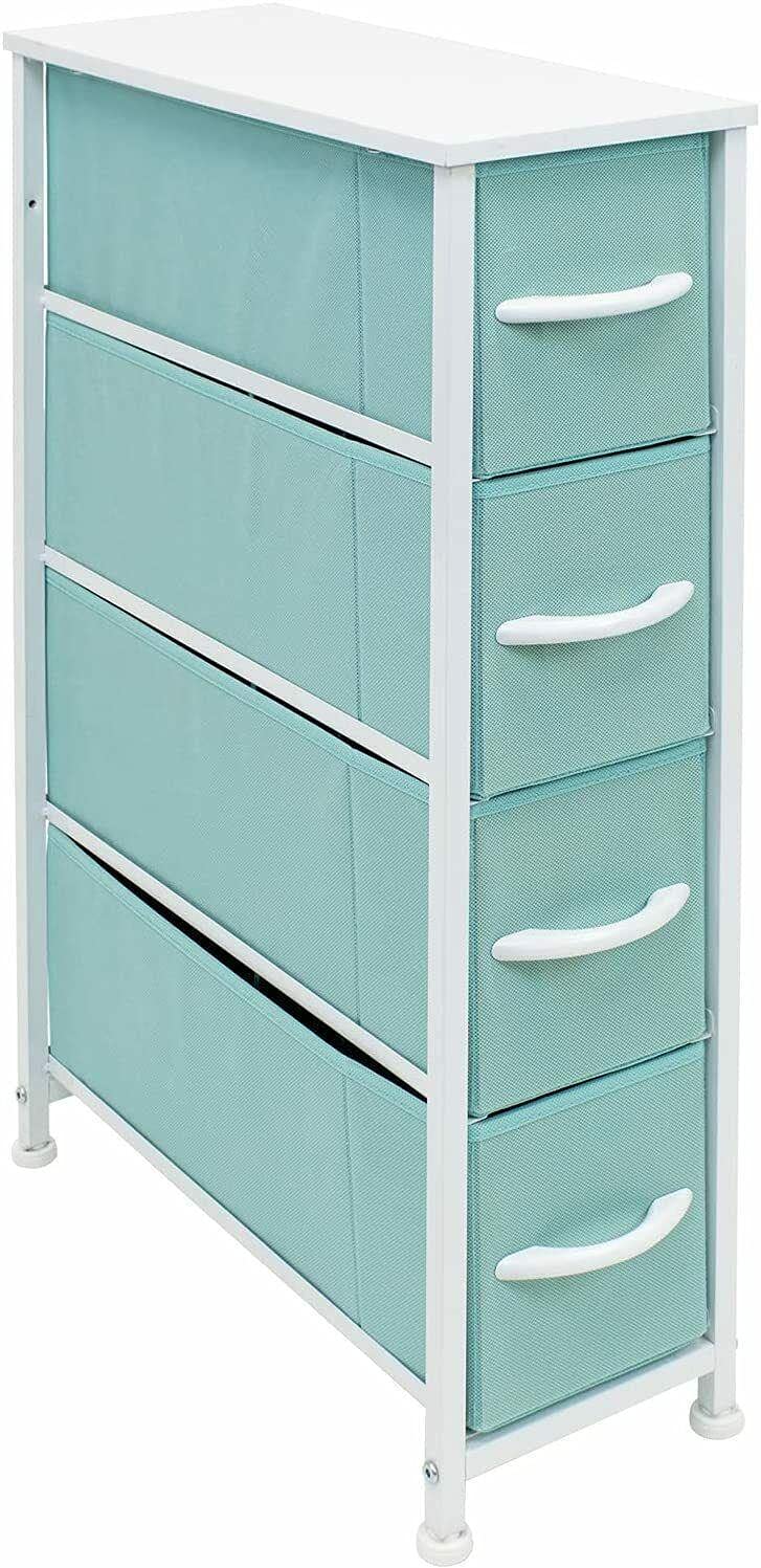 Narrow Dresser Tower with 4 Fabric Bin Drawers - Vertical Storage Cabinet for Bedroom & Closet Organization | Space-Saving Aqua Dresser for Small Spaces, Kids Room, Dorm or Apartment