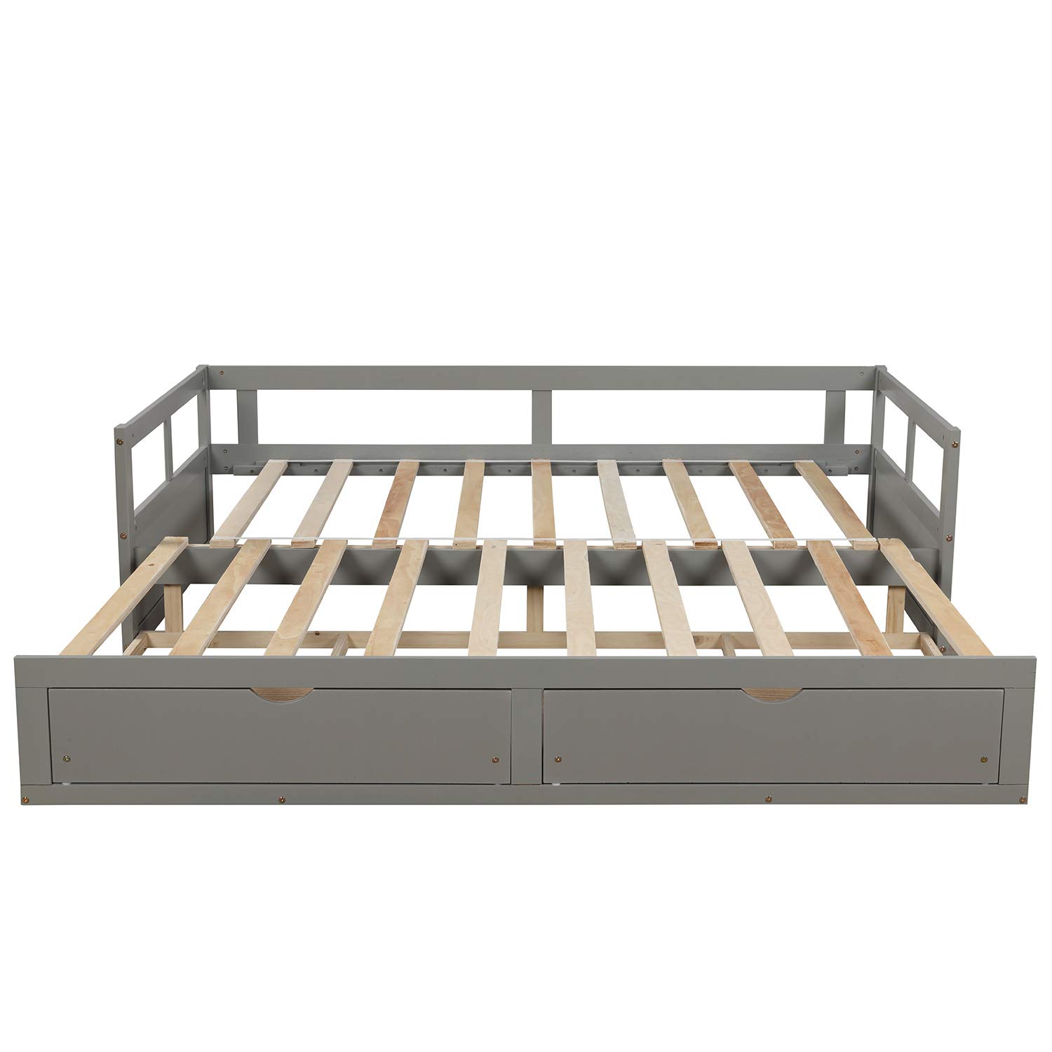 Twin to King Wooden Extendable Daybed with Trundle and 2 Storage Drawers - Convertible Sofa Bed for Bedroom, Living Room, Guest Room - No Box Spring Needed (Gray+King) - Perfect for Small Spaces, Sleepovers & Multi-Functional Furniture Needs