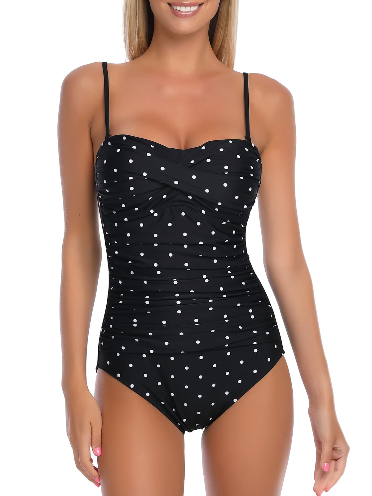 Ocean Blues Women's Bandeau One Piece Swimsuit with Molded Cups & Tummy Control - Sexy Shirring Design for Beach, Pool & Vacation | Plus Size Swimwear for Women
