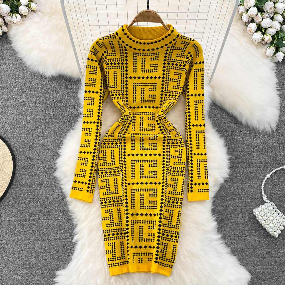Vintage Knit Sweater Dress for Women - Autumn Sheath Skirt with Long Sleeves | Cozy Fall Outfit for Office, Date Night & Casual Wear