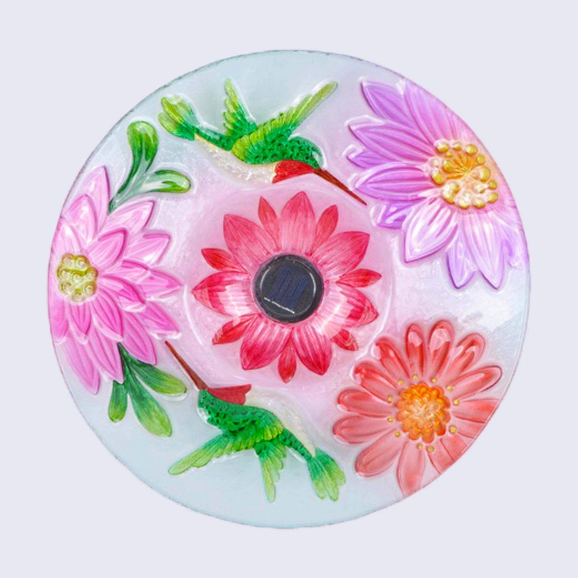Hi-Line Gifts 21-Inch Solar Powered Hummingbird Bird Bath with Pink and Green Floral Design - Perfect for Garden, Patio, and Outdoor Decor