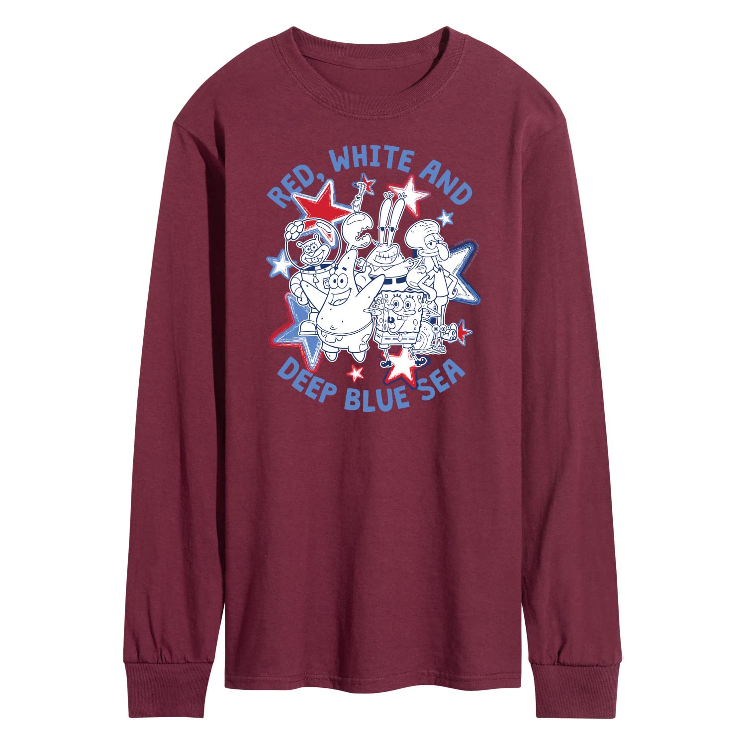 Spongebob Squarepants Men's Long Sleeve T-Shirt - Red White & Blue Cartoon Graphic Tee - Casual Comfort Fit for Everyday Wear - Perfect for Fans, Gifts & Themed Parties