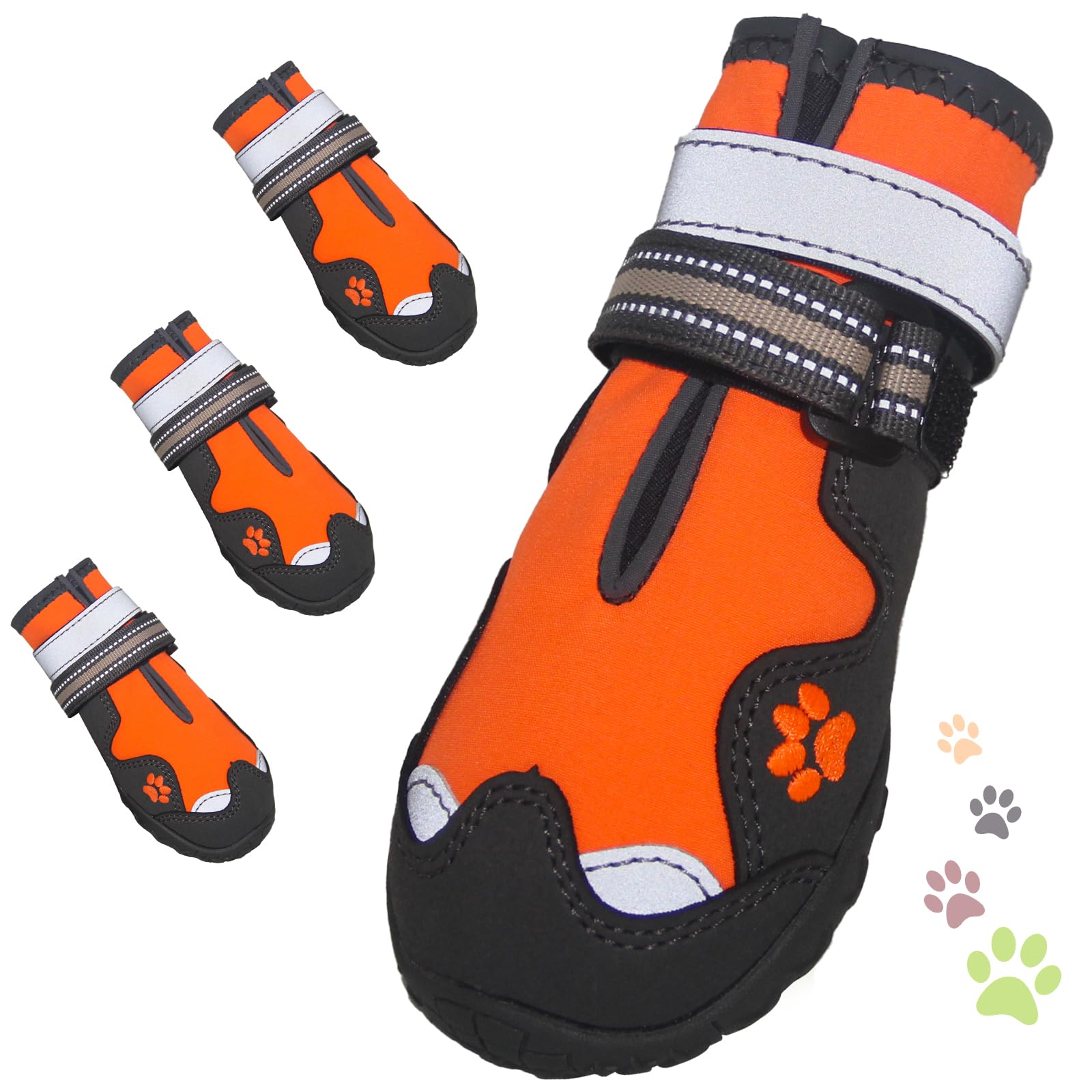 FISHOAKY Waterproof Dog Boots for Medium Dogs - Anti Slip Paw Protectors for Winter Snow & Hot Summer Pavement - 4 Pack Orange Dog Shoes Size 5 - Perfect for Walking, Hiking & Outdoor Adventures