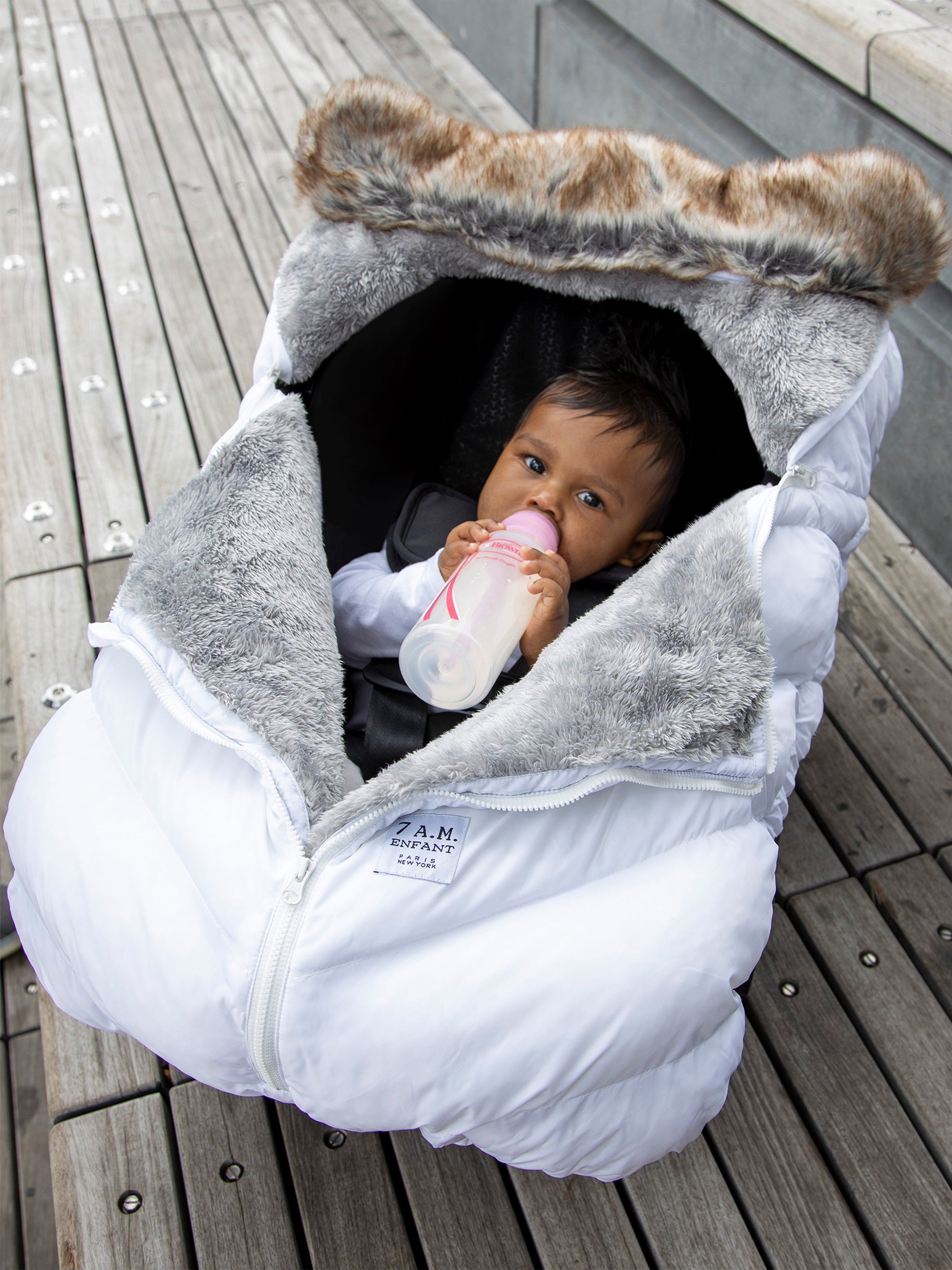 7AM Enfant Baby Car Seat Cocoon - Soft Faux Fur Winter Cover in White | Warm & Cozy Infant Car Seat Protector for Cold Weather | Perfect for Strollers, Travel & Outdoor Adventures