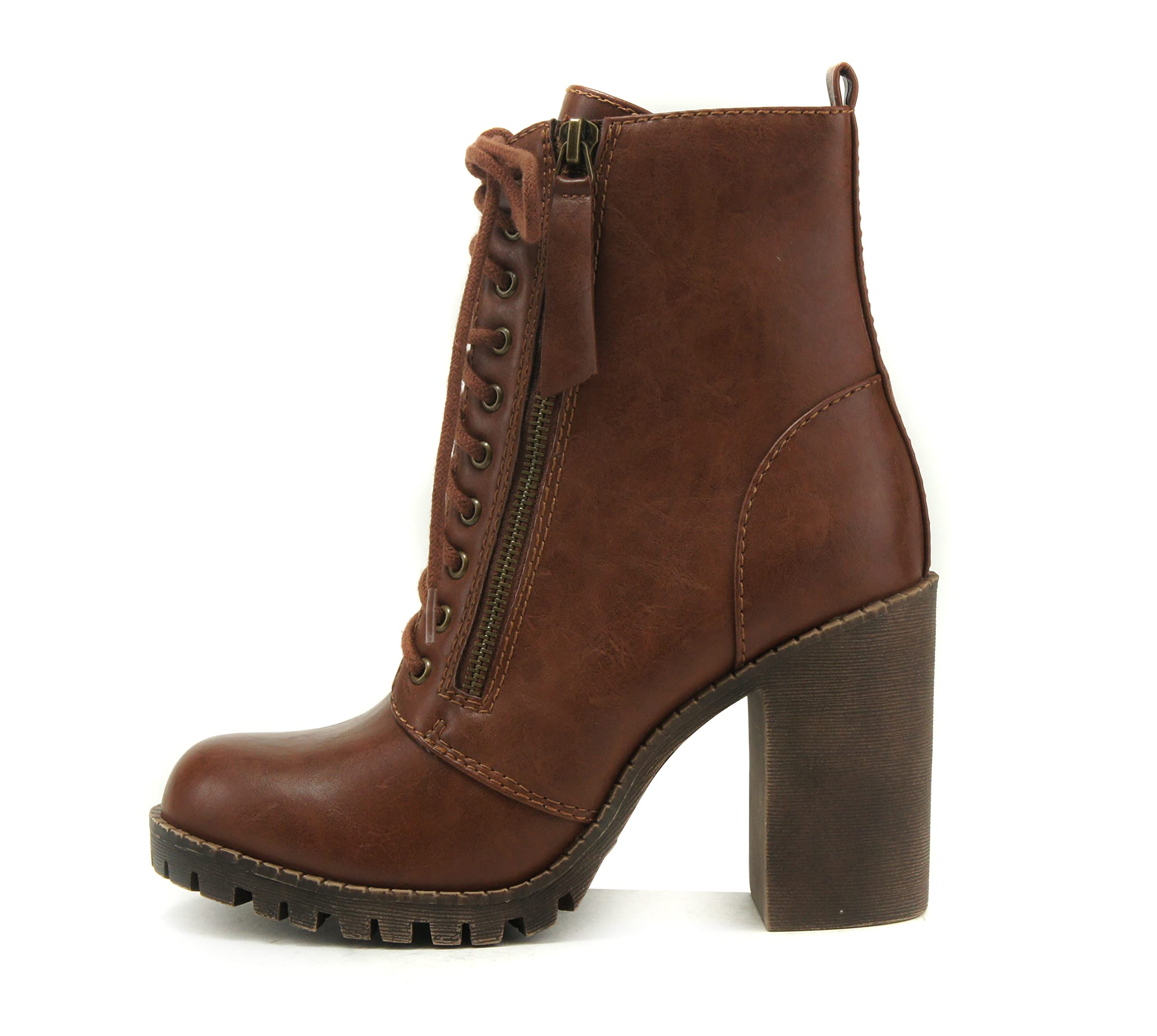 Soda Malia Women's Round Toe Stacked Lug Heel Lace Up Ankle Boots - Chunky Heel Booties for Casual Outfits, Fall & Winter Fashion, Date Night & Office Wear
