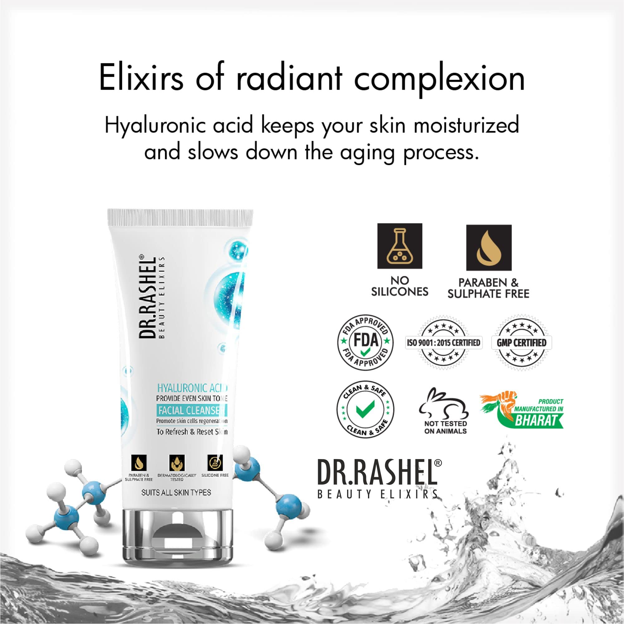 DR. RASHEL Hyaluronic Acid Facial Cleanser - Hydrating & Brightening Face Wash for Even Skin Tone & Cell Regeneration (80ml) | Gentle Daily Cleanser for Dry, Sensitive & Acne-Prone Skin | Morning & Night Skincare Routine