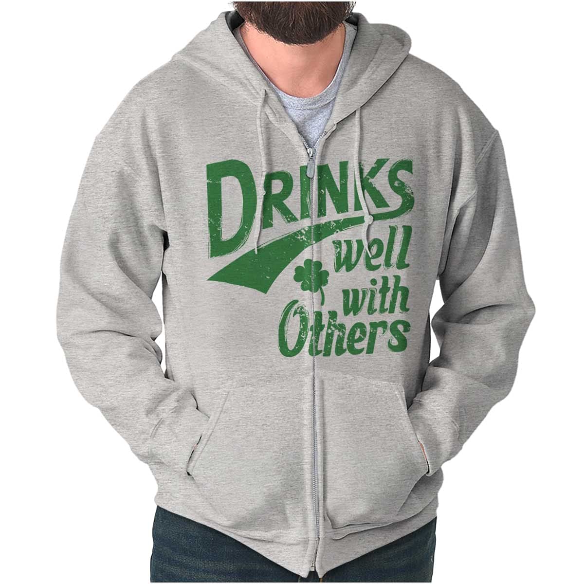 Brisco Brands 'Drinks Well With Others' St. Patrick's Day Zip-Up Hoodie for Men & Women - Perfect for Parties, Pub Crawls & Irish-Themed Events