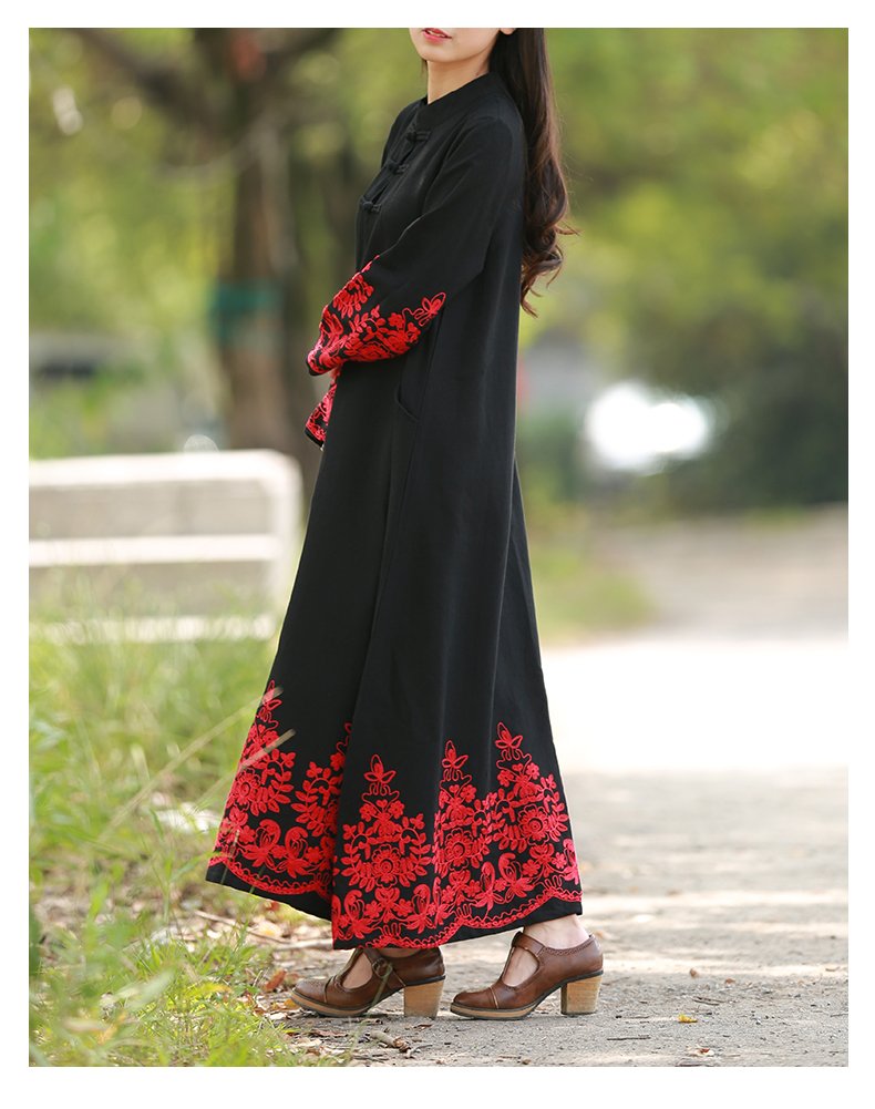 Chinese Style Floral Embroidery Women's Long Sleeve Maxi Dress - Elegant Boho Casual Dress for Spring Summer, Perfect for Weddings, Parties & Vacation Wear