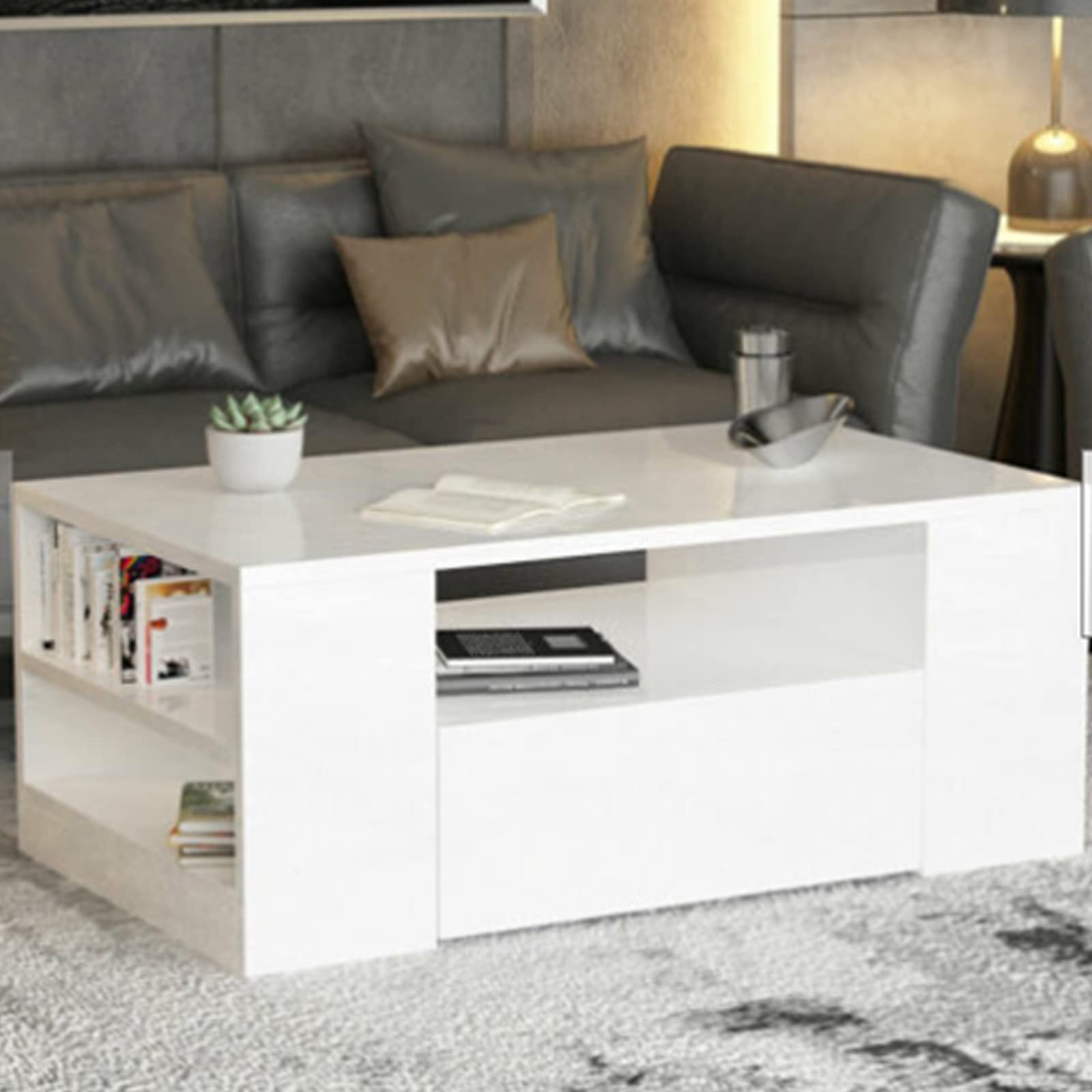 Modern High Gloss LED Coffee Table with Remote Control - Glossy White Rectangle End Table with 2 Storage Drawers & Built-in Lights - Perfect for Living Room, Lounge, or Contemporary Home Decor