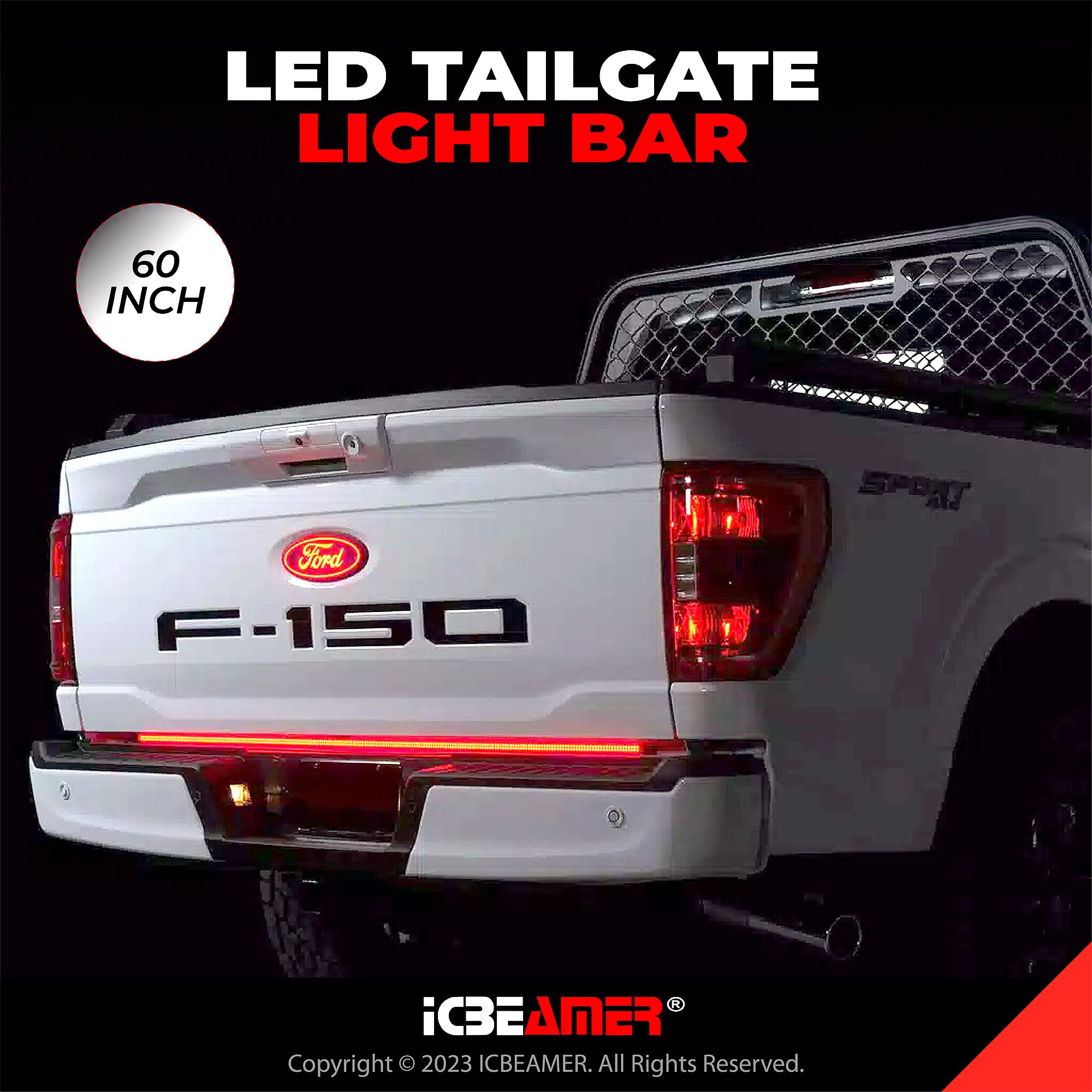 ICBEAMER 60-Inch Triple Row 504 LED Light Bar for Pickup Trucks - Waterproof IP67 Tailgate & Bed Lighting with 6 Functions (Brake/Turn Signal/Sequential/Reverse/Flashing) - Perfect for Off-Roading, Camping & Nighttime Safety