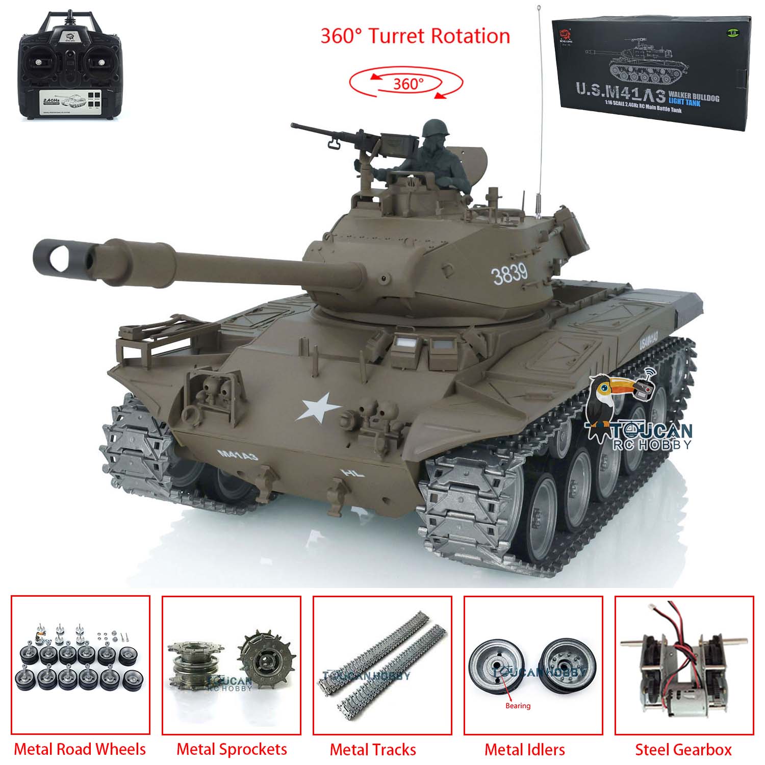 Henglong 1/16 Scale 7.0 Customized Walker Bulldog RTR RC Tank - US Stock Ready-to-Run Remote Controlled Military Model with Smoke Effect & 360° Rotation Full Metal Road Wheels for Collectors and Battle Simulation