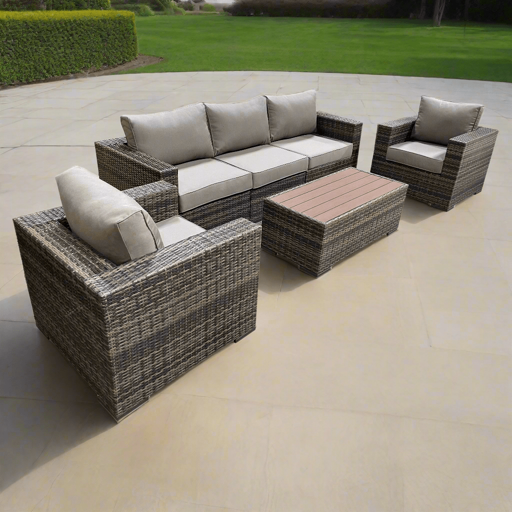 Valence Outdoor Patio Wicker Sofa Set - Brown Rattan Furniture with Sunbrella Taupe Cushions - Perfect for Garden, Poolside & Backyard Relaxation