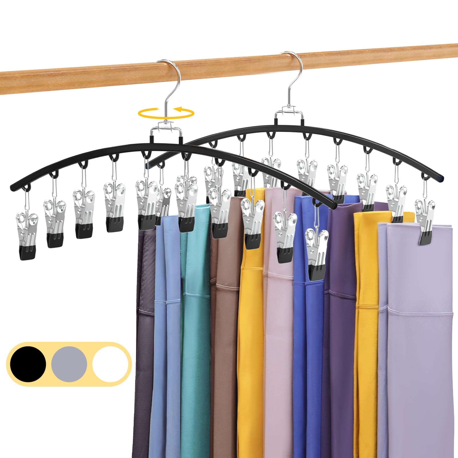 2 Pack 360° Swivel Metal Legging Organizer with 20 Clips - Space Saving Closet Storage for Gym Clothes, Holds 20 Leggings - Perfect for Wardrobe Organization & Small Room Storage (Black)