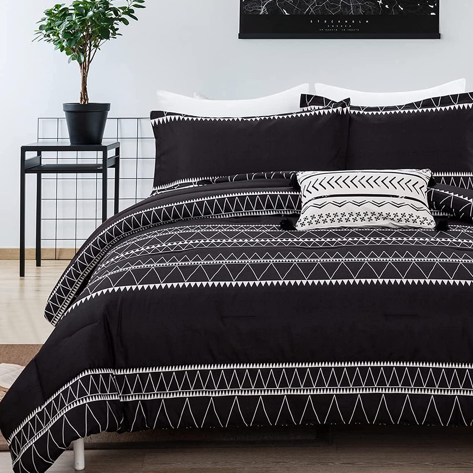 WONGS BEDDING Full Size Black Reversible Boho Triangle Striped Comforter Set - Soft Microfiber Down Alternative Bedding, 3 Piece (78