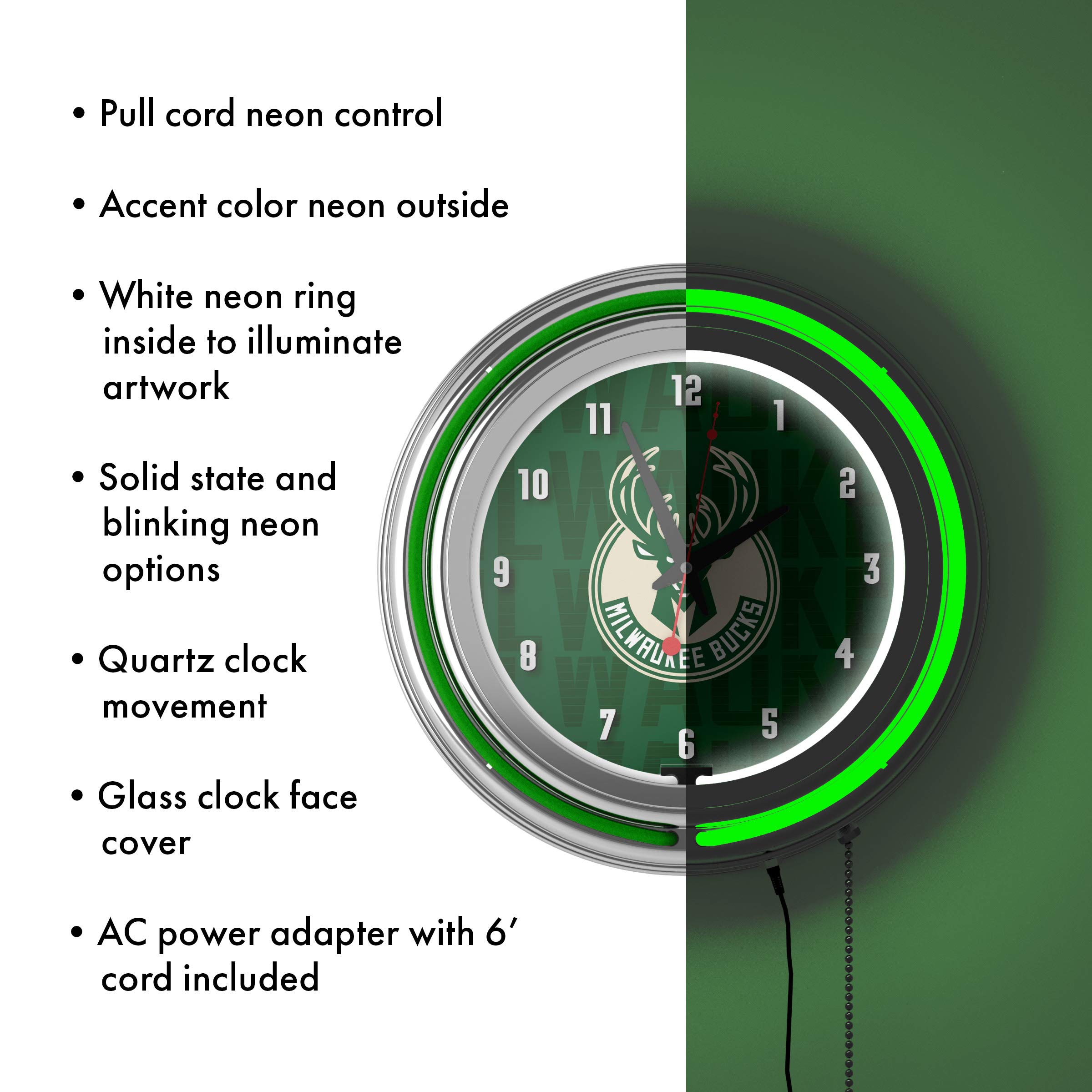 NBA Milwaukee Bucks Neon Wall Clock - Double Rung Chrome Design - Perfect for Game Room, Sports Bar & Man Cave Decor