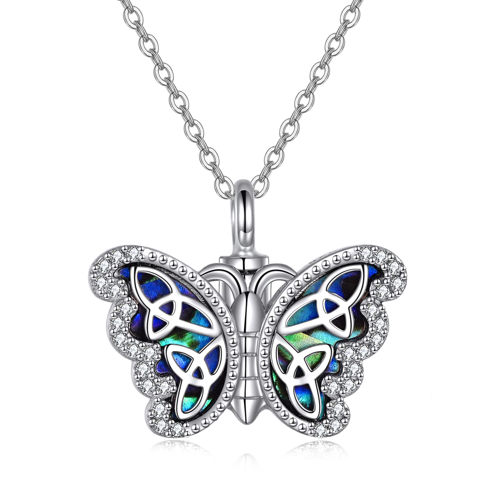 Butterfly Urn Necklace for Ashes - 925 Sterling Silver Cremation Jewelry with Abalone & Zircon - Memorial Keepsake for Women - Perfect Gift for Mother, Grandma or Daughter - Wear for Comfort & Remembrance on Special Occasions