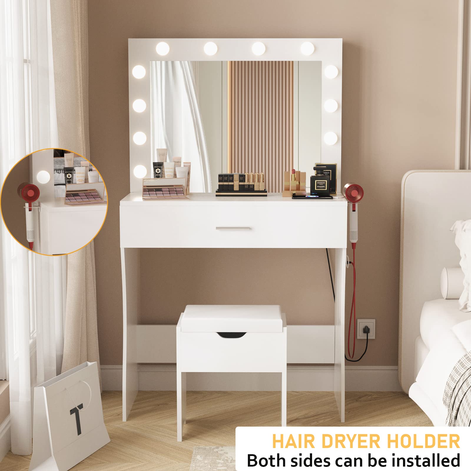 White Makeup Vanity Desk with LED Lights & Charging Station - 3 Color Modes, Large Mirror & Storage Stool - Perfect Dressing Table for Bedroom, Beauty Room & Home Salon