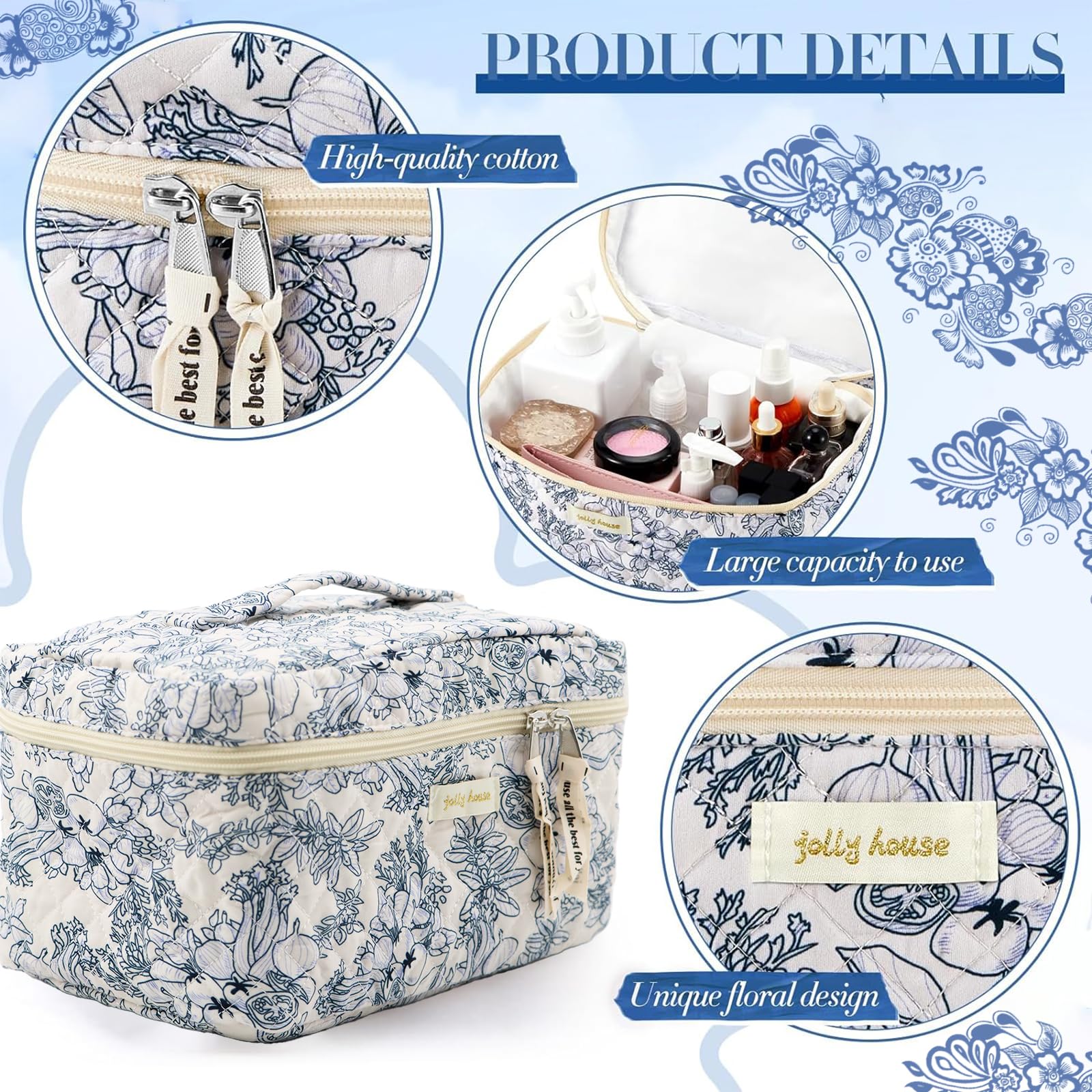 2 Pack Large Cotton Quilted Makeup Bags for Women - Aesthetic Floral Cosmetic Organizer & Kawaii Toiletry Pouch | Perfect for Travel, Gym, and Daily Beauty Essentials Storage
