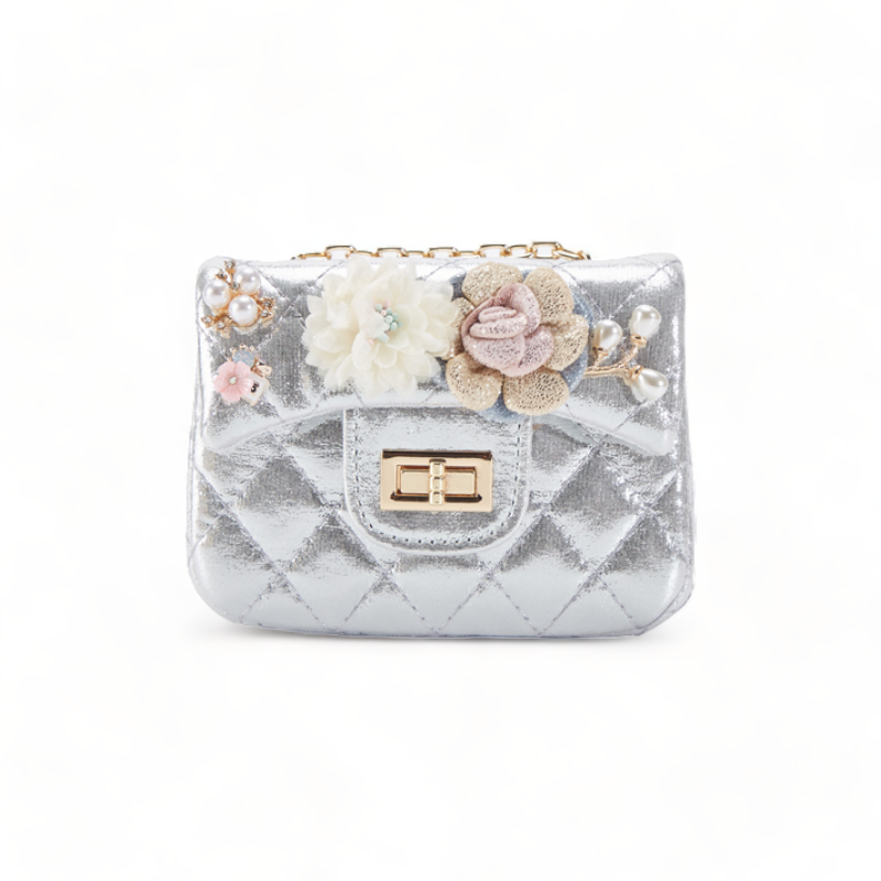 Shiny Silver Floral Applique Quilted Purse for Women - Elegant Evening Bag for Parties, Weddings & Special Occasions