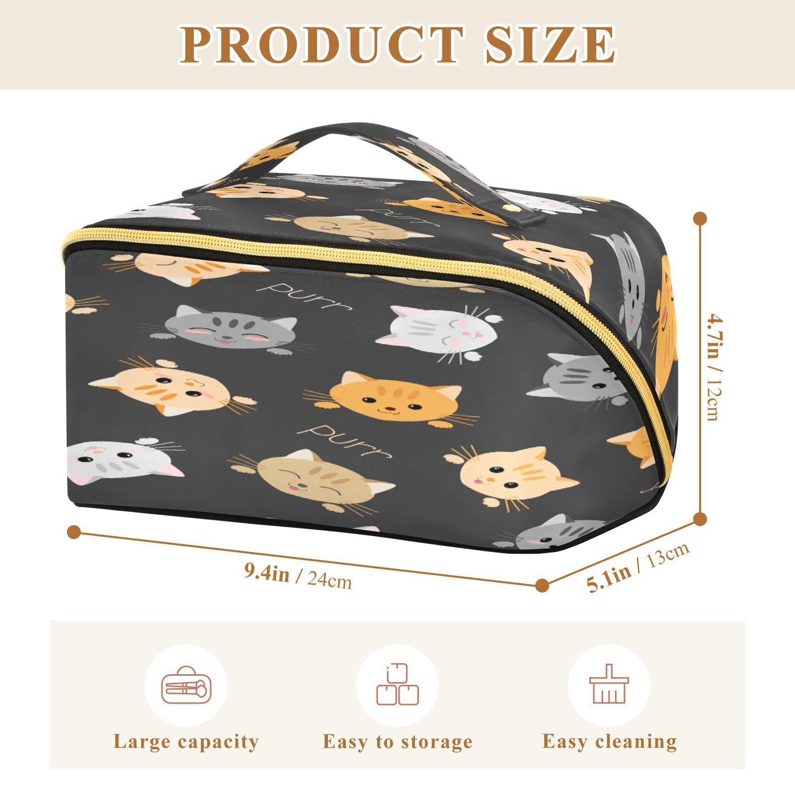 Quteprint Rhombus Cosmetic Bag - Kawaii Cat Pattern Large Capacity Travel Makeup Organizer for Women | Portable Toiletry Bag with Handle | Perfect for Travel, Gym & Daily Storage | Cute Gift for Girls & Ladies