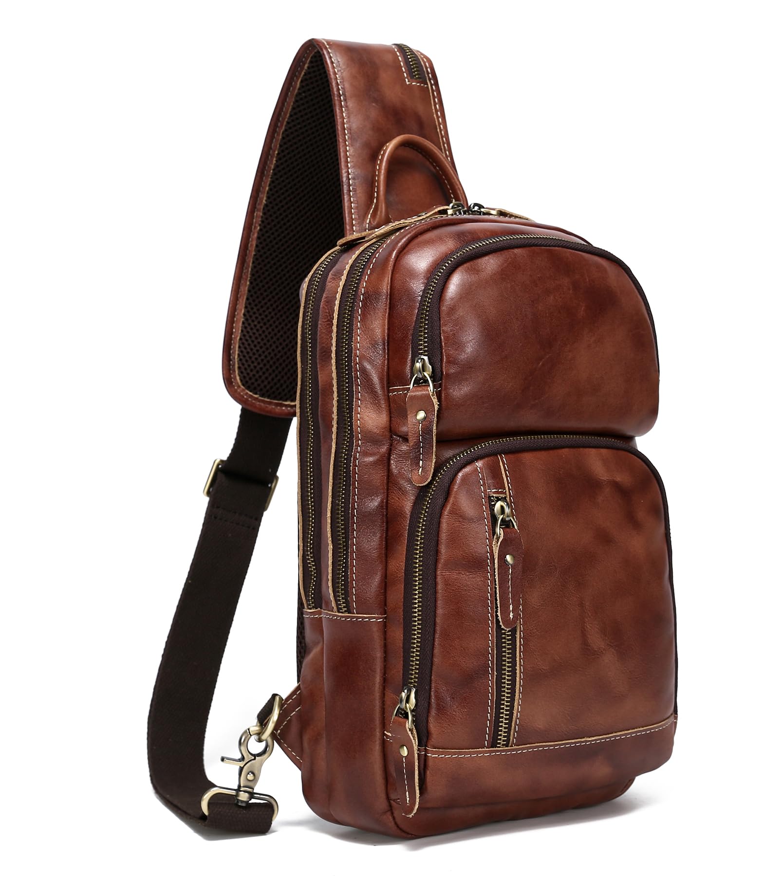 Premium Full Grain Leather Sling Bag for Men - Crossbody Chest Daypack with 10.5