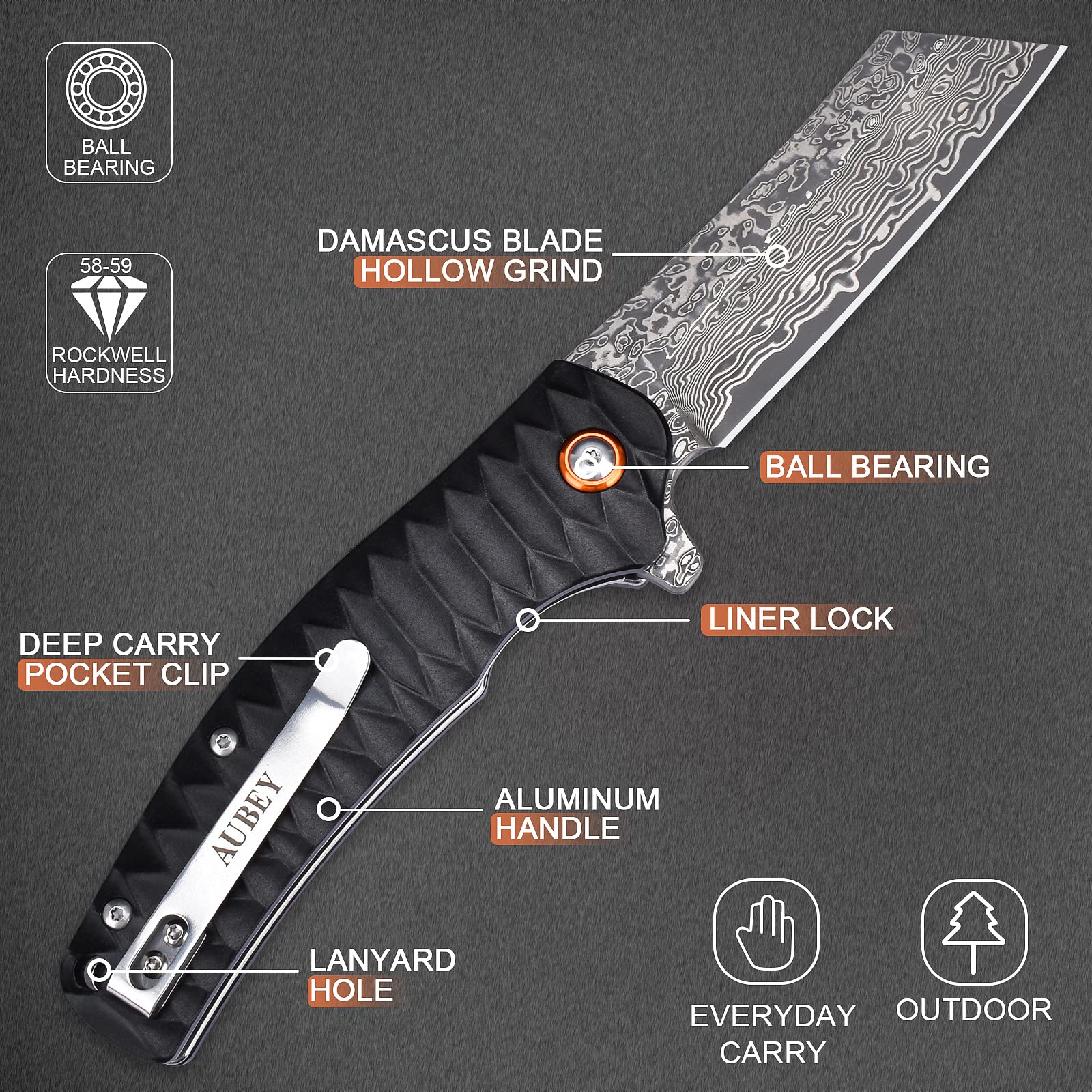 AUBEY Damascus Pocket Knife - 3.34