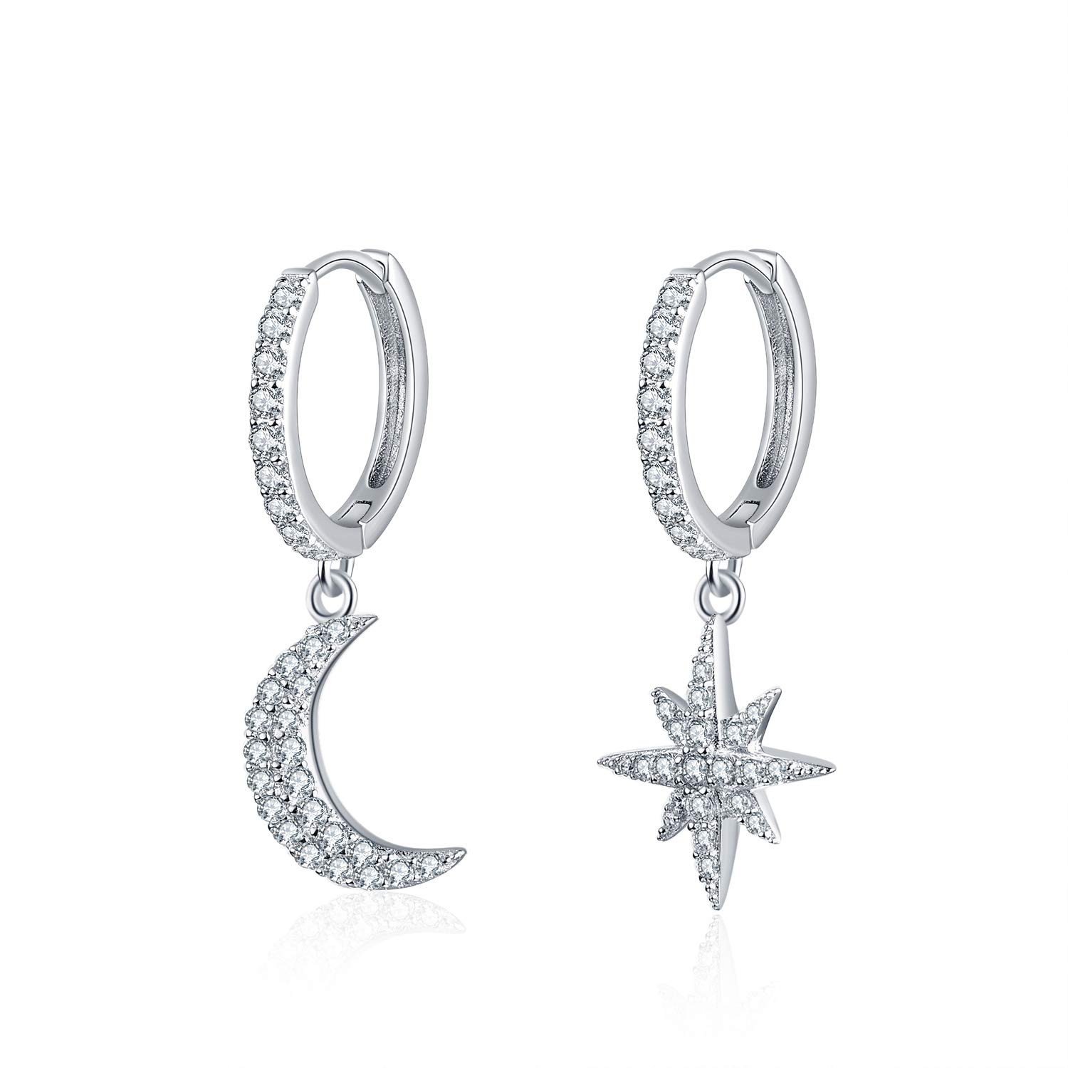 925 Sterling Silver Dangle Drop Earrings for Women - AAA Cubic Zirconia Star Moon Hoop Earrings | Elegant Jewelry Gift for Her, Mom, Daughter | Perfect for Parties, Weddings & Everyday Wear