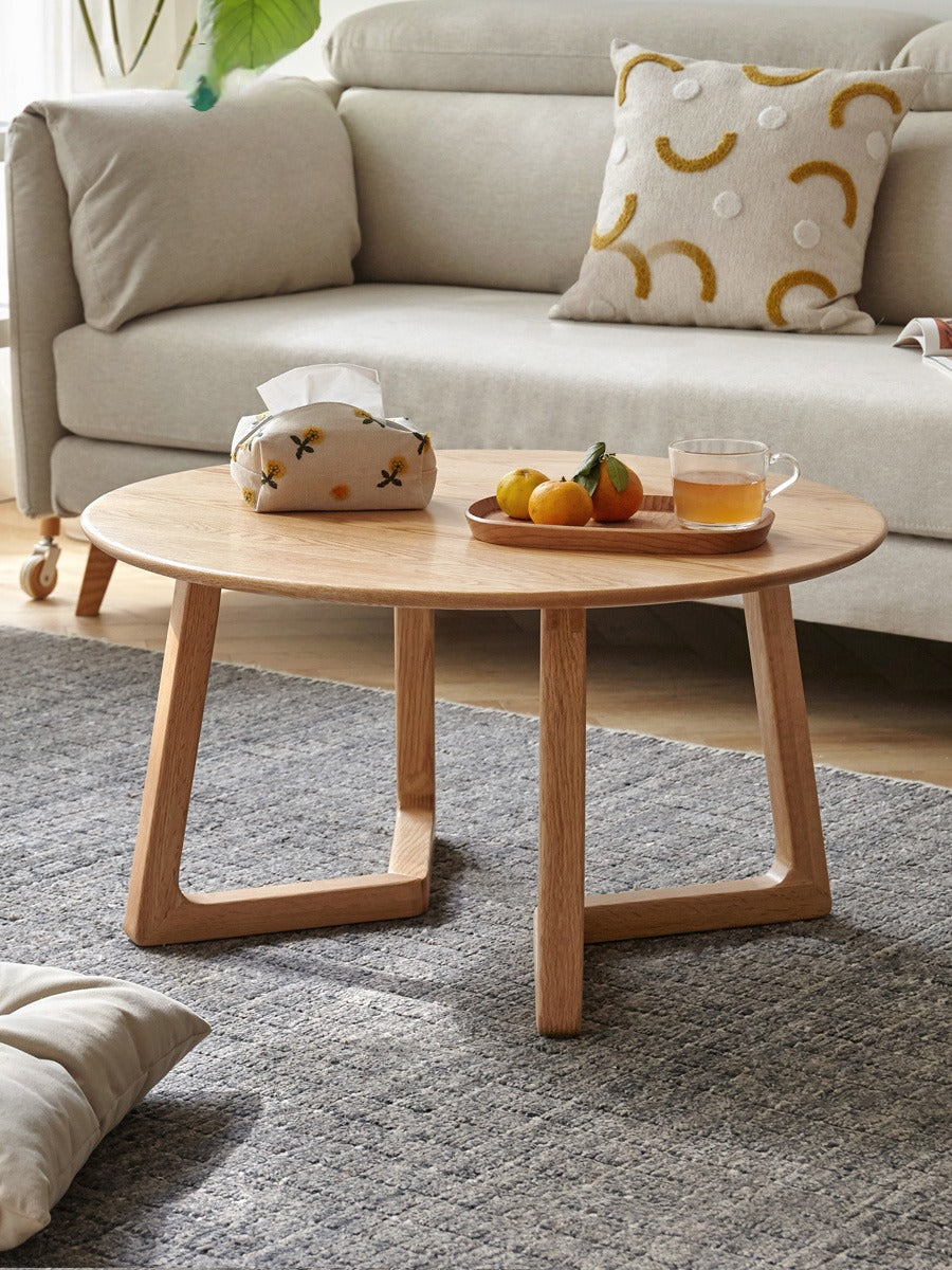 Solid Oak Wood Round Coffee Table - Rustic Modern Living Room Centerpiece for Home Decor & Relaxing with Family