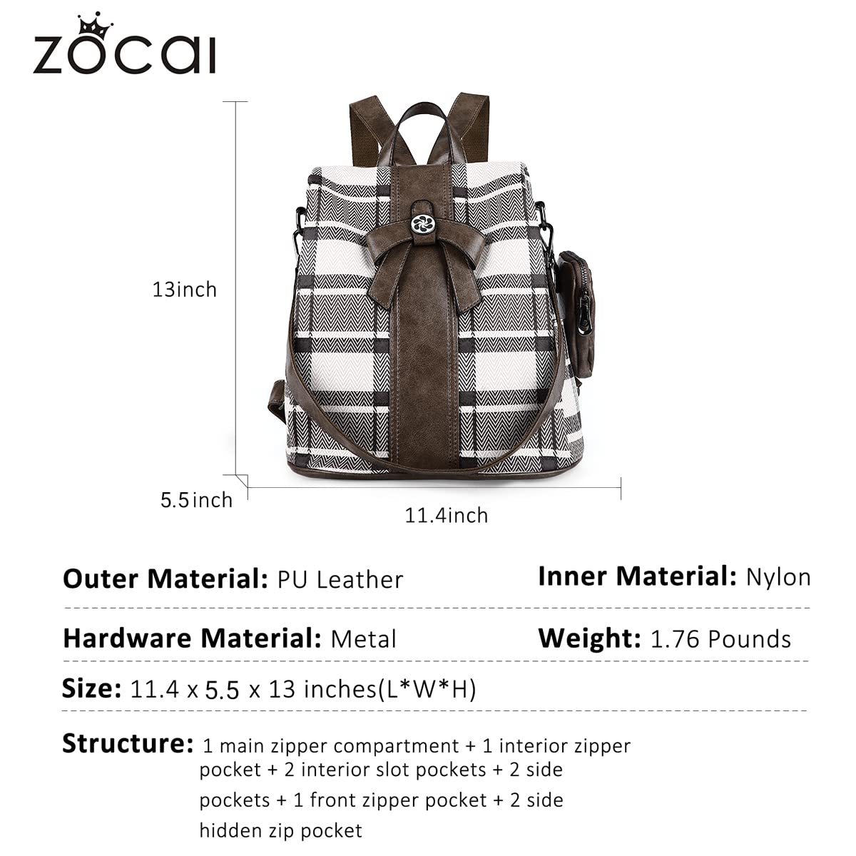 Stylish ZOCAI Women's PU Leather Anti-Theft Backpack Purse - Fashionable Shoulder Bag & Satchel for Work, Travel & Daily Use