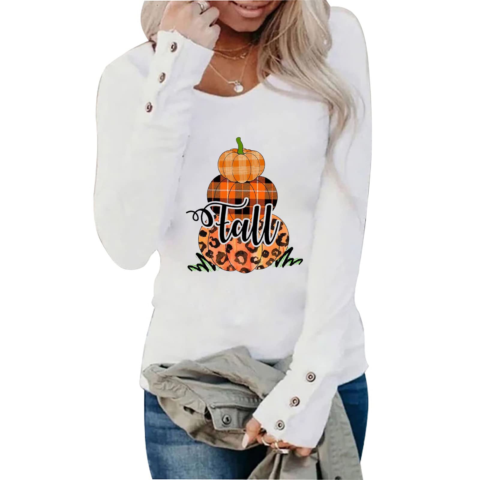 Women's Halloween Graphic Print Long Sleeve T-Shirt - Fall Loose Fit Round Neck Pullover Blouse for Costume Parties & Spooky Season Outfits