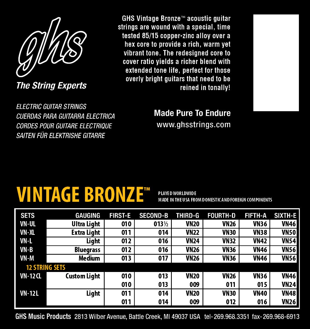 GHS Strings VN-12CL VINTAGE BRONZE Acoustic Guitar Strings 12-Pack, Custom Light Gauge (10-46) for Folk, Blues & Fingerstyle Playing