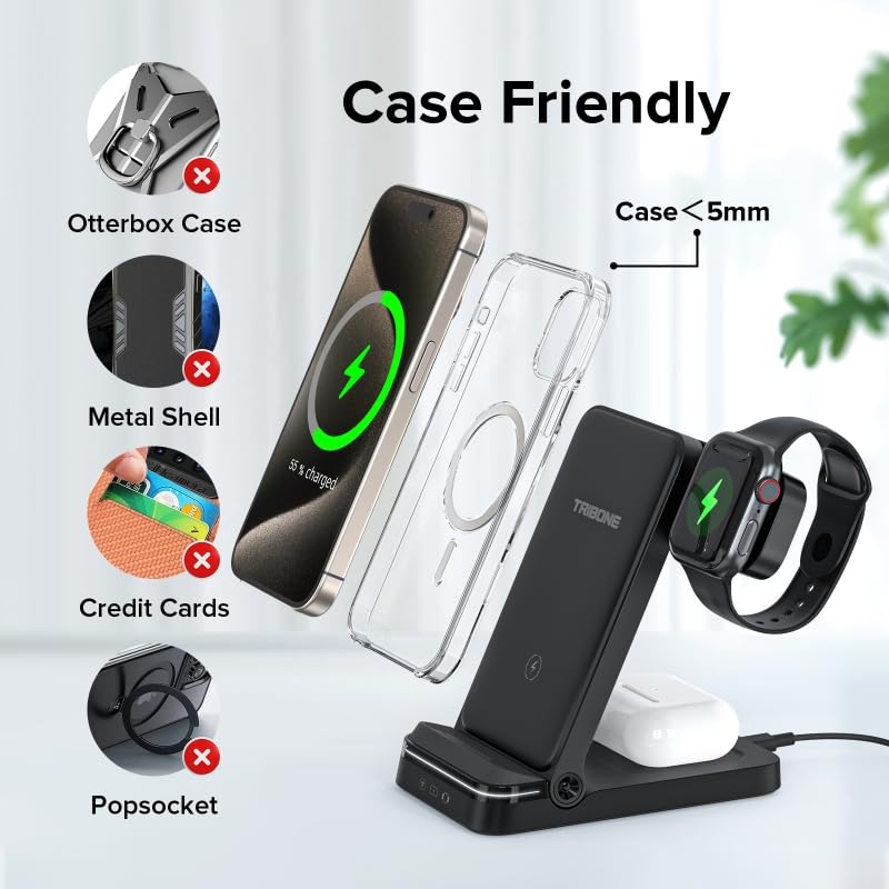 Tribone 3-in-1 Foldable Fast Wireless Charger for iPhone 16/15/14/13/12/11 Pro Max/XS/XR/8 Plus, Apple Watch 10/9/8/7/6/5/4/3/2/SE/Ultra & AirPods Pro 4/3/2 - Black | Multi-Device Charging Station for Home, Office & Travel