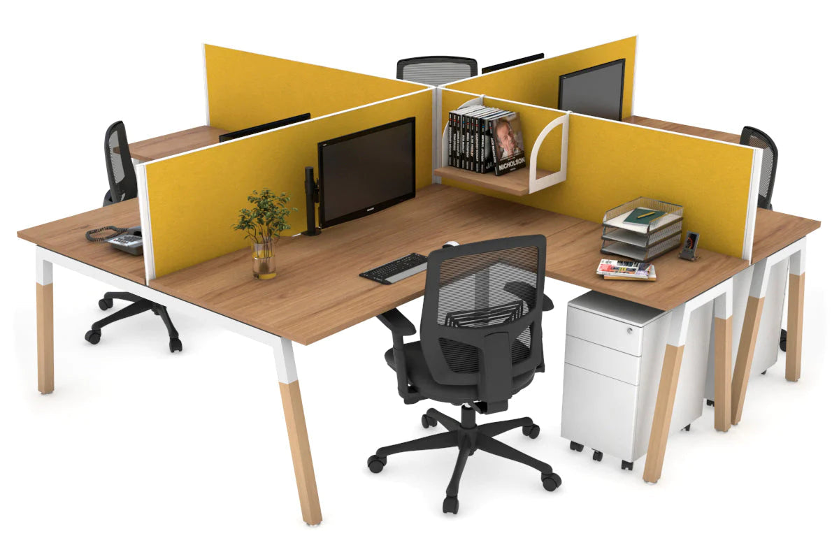 Quadro Wood A Legs Cross Beam 4-Person Corner Workstation Desk - 1600L x 1800W with Cable Management Scallop - Perfect for Office, Home Workspace & Collaborative Environments