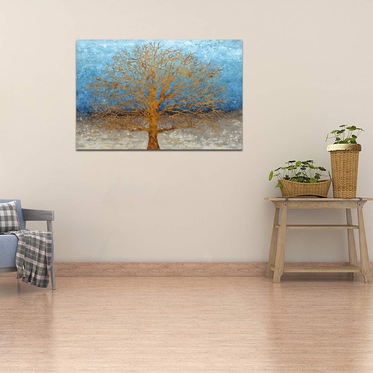 Yihui Arts Tree Canvas Wall Art - Blue and Gold Textured Forest Painting, Modern Landscape Wall Decor for Living Room, Bedroom, Bathroom - Perfect for Home, Office & Gift Giving