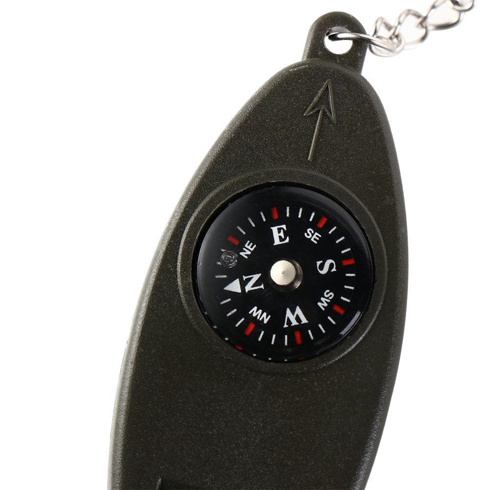1Pcs Multifunction Emergency Survival Whistle Keychain with Compass, Thermometer & Magnifier - 4-in-1 Outdoor Safety Tool for Hiking, Camping, Hunting & Emergency Preparedness (Army Green)