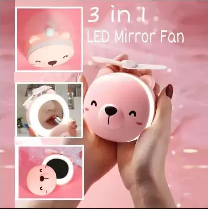 Asera Cartoon Portable USB LED Makeup Mirror with Fan - Cute Cosmetic Vanity Mirror for Travel, Home & Salon Use - Perfect for Makeup Application, Skincare & Hair Styling