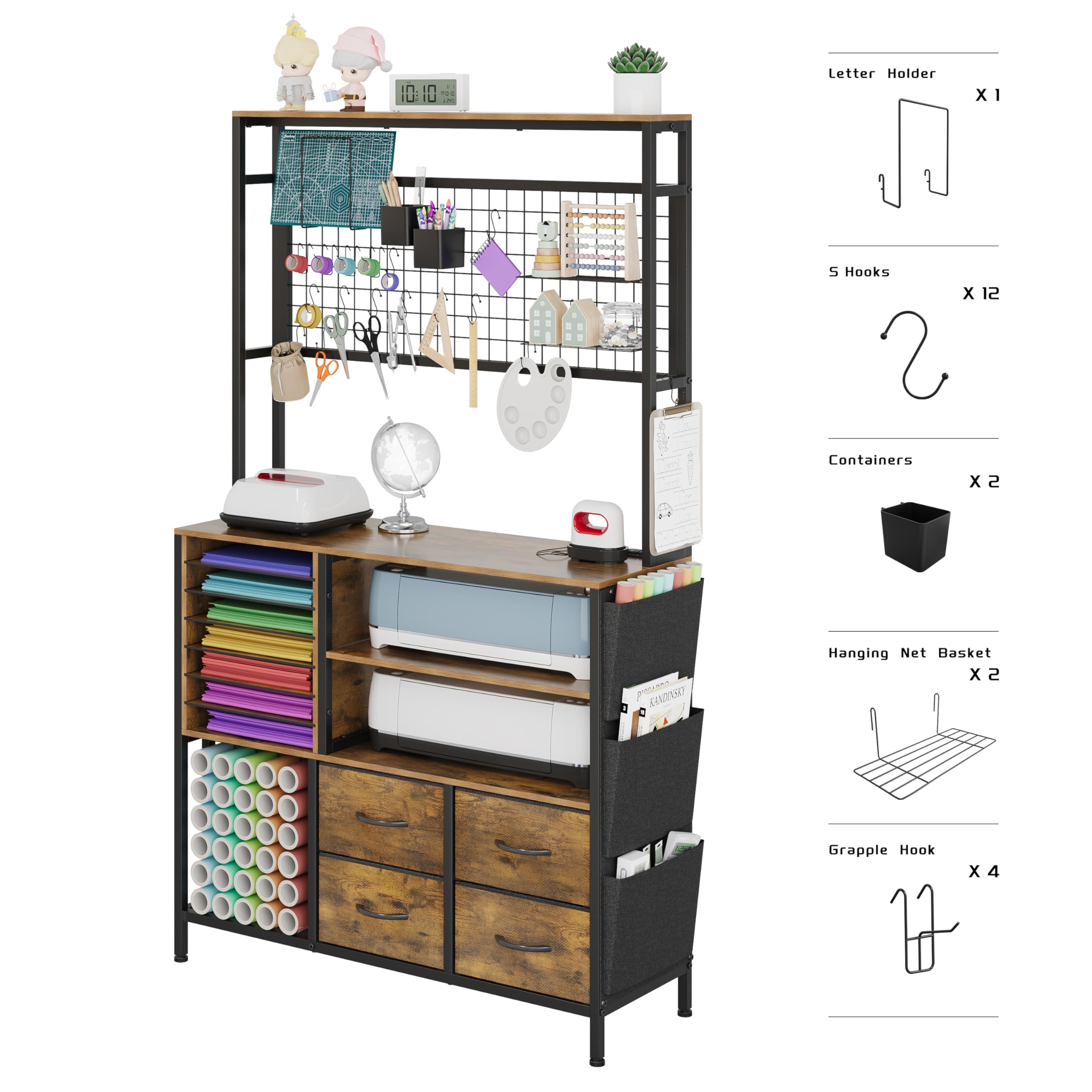 Large Craft Storage Cabinet with Charging Station - Organizer for Cricut Machines, Craft Tools & Vinyl Rolls - Rustic Brown Crafting Desk for DIY Projects, Scrapbooking & Home Decor