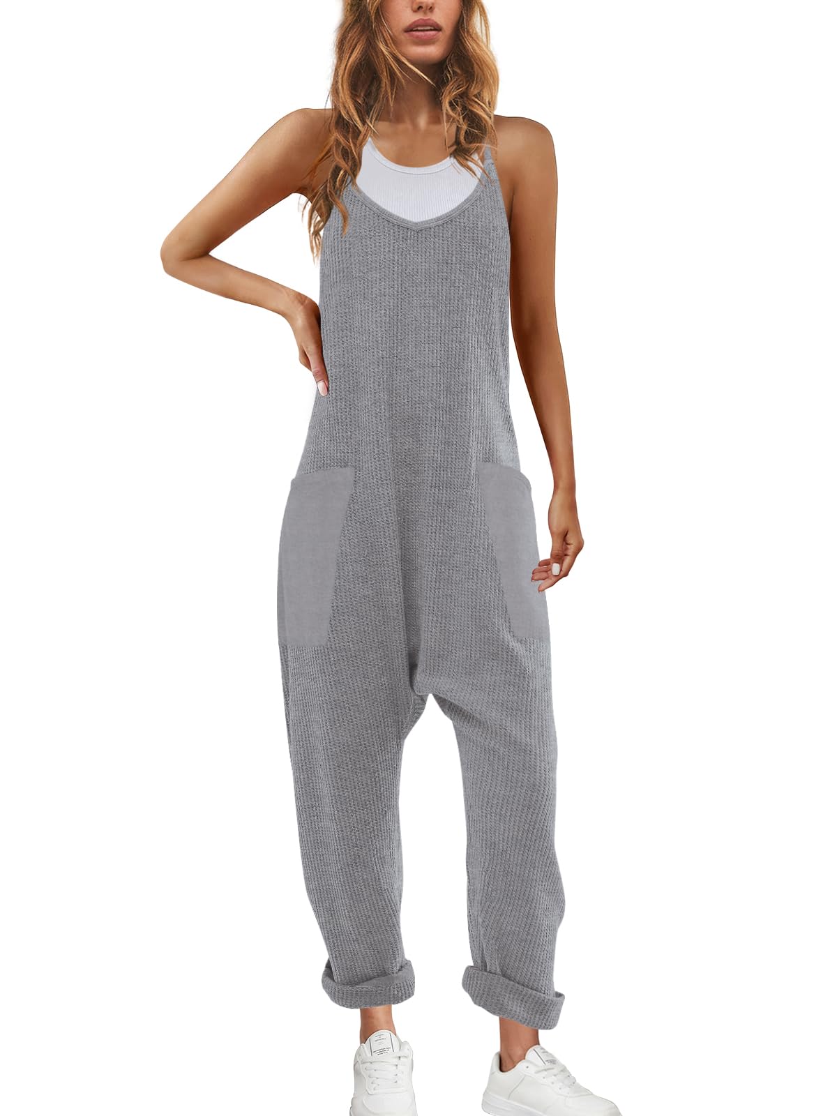 Nirovien Women's Waffle Knit Jumpsuit - Oversized Sleeveless Romper with Pockets | Casual One Piece Outfit for Fall | Lounge Wear, Street Style & Vacation Outfits