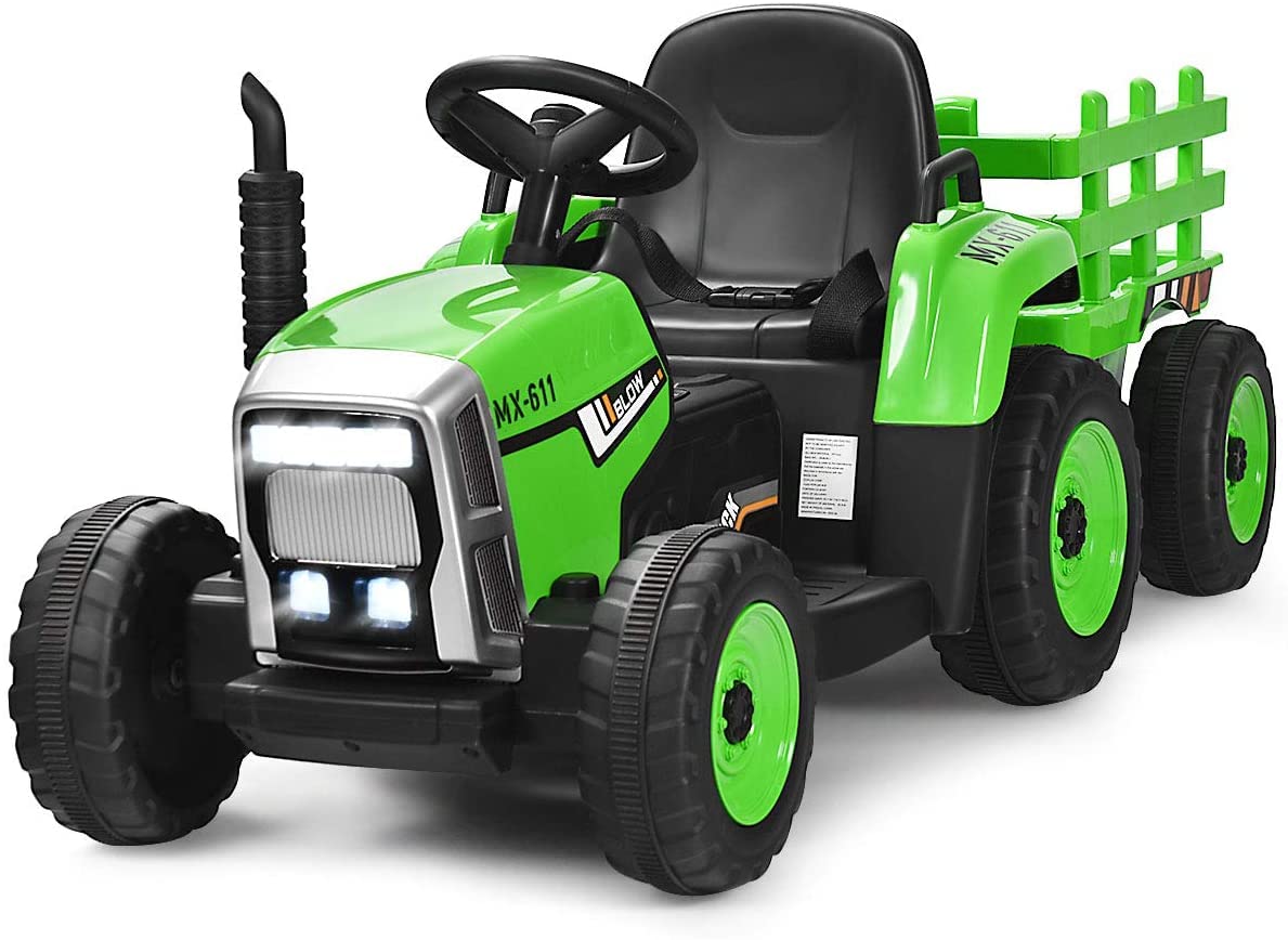 GLACER 12V Battery Powered Kids Ride on Tractor with Trailer - Remote Control Electric Toy Car for Toddlers, 3-Speed Gear Shift, LED Lights & Music - Green Ride-On Loader for Outdoor Play & Backyard Fun